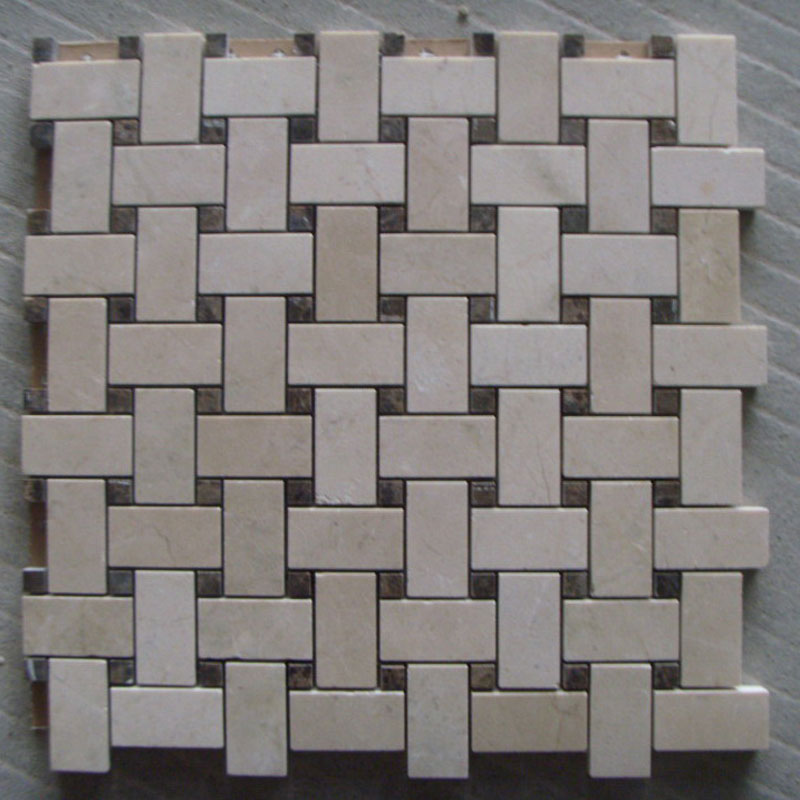 Crema Marfil Marble Basketweave Beige with Dark Emperador Dot Polished Mosaic Tile