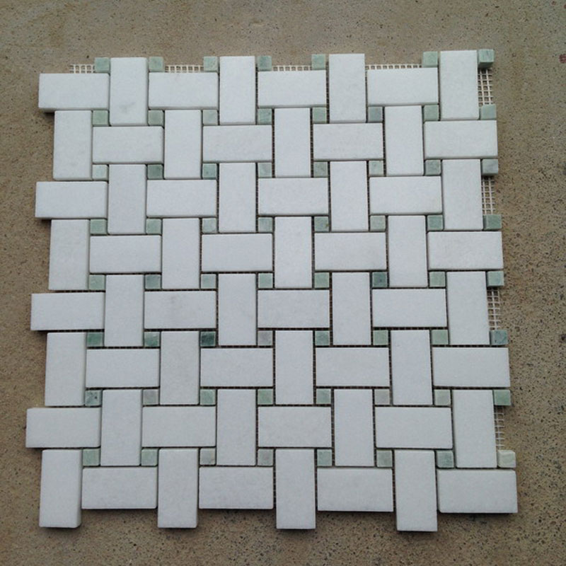 Thassos White 1x2 Basketweave Mosaic Tile w Black Dots Honed