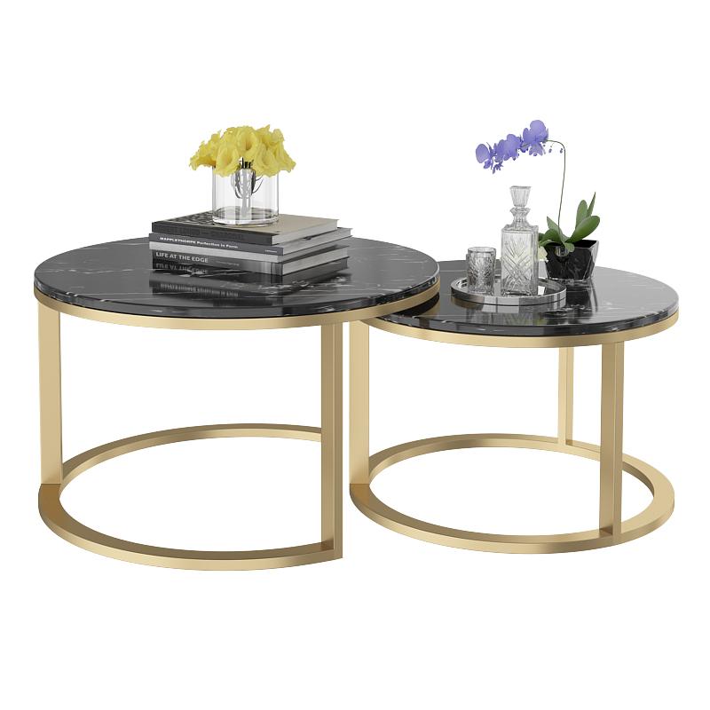Silver Dragon Marble Table top 2 Piece Nesting Marble Top Coffee Table Set Gold Legs