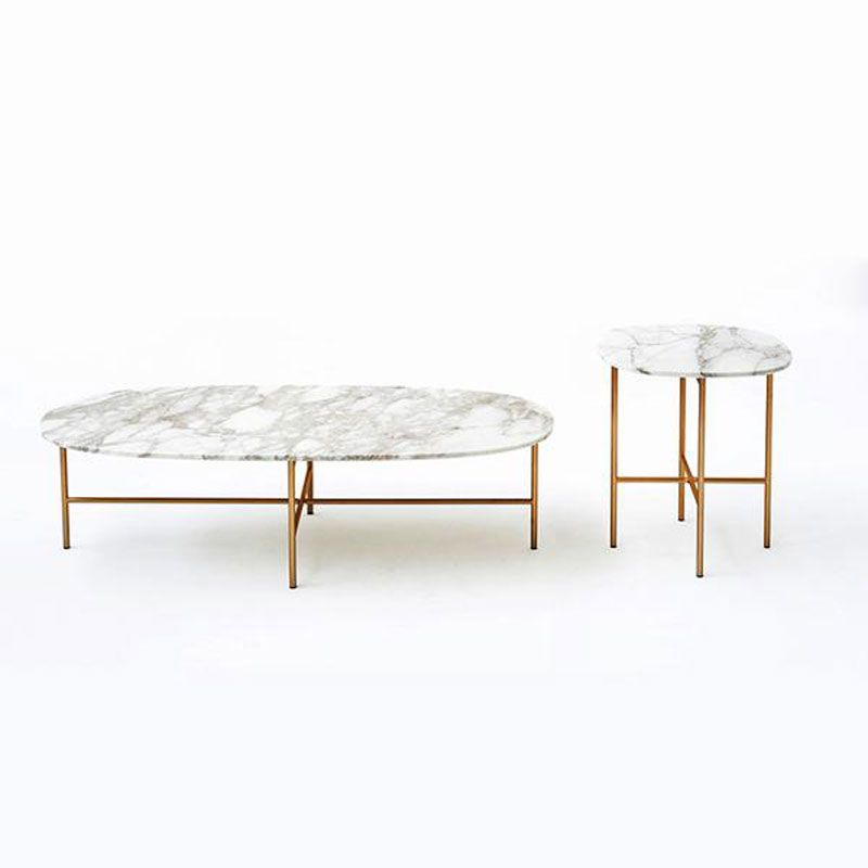 Oval Marble CoffeeSide Table Set Gold Legs