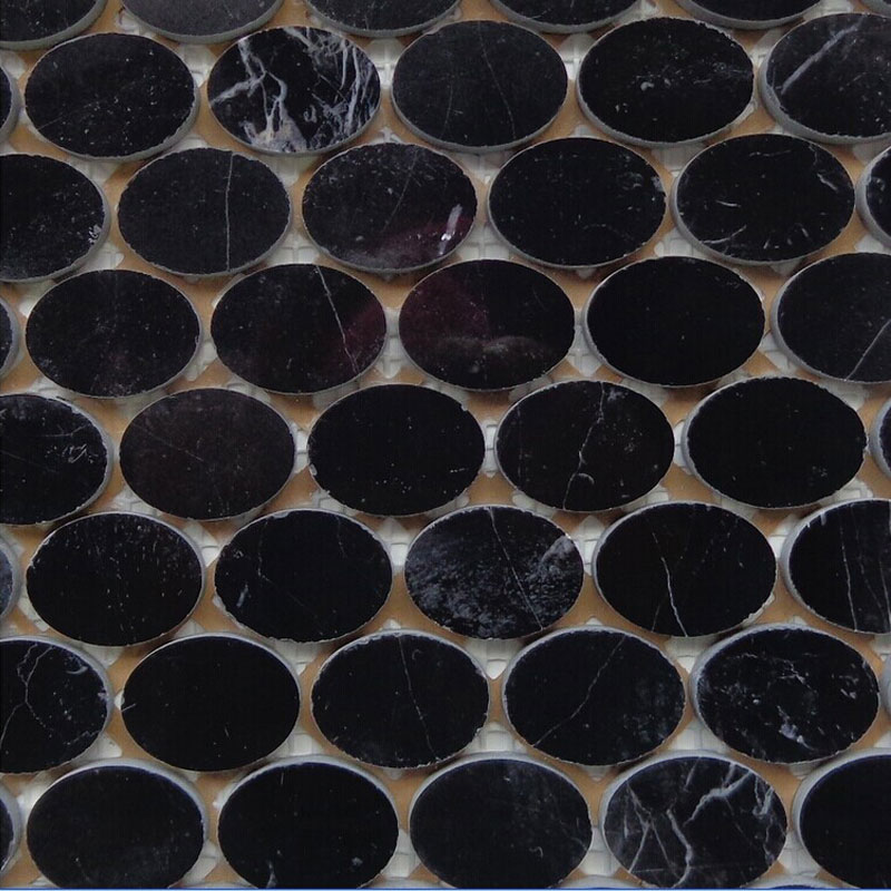 black marble penny round tiles kitchen