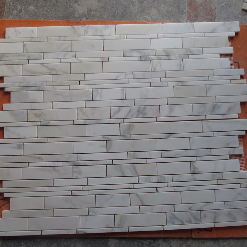 Calacatta Gold White Marble 58x3 Strip Polished Mesh Mounted Mosaic Tile
