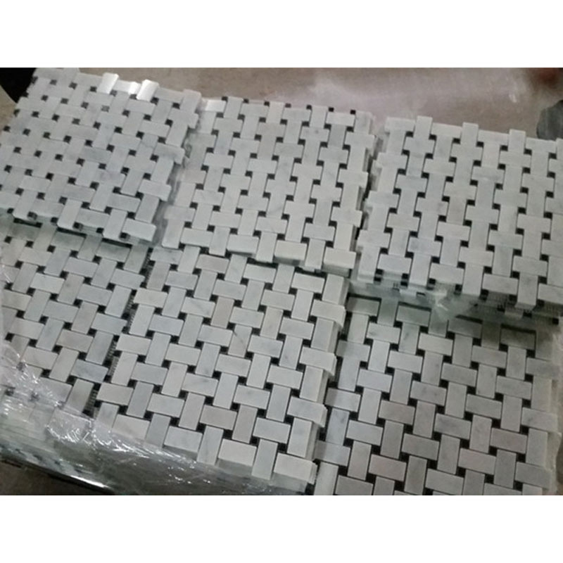 Carrara Marble Italian White Bianco Carrera Basketweave Mosaic Tile with Bardiglio Gray Dots Honed