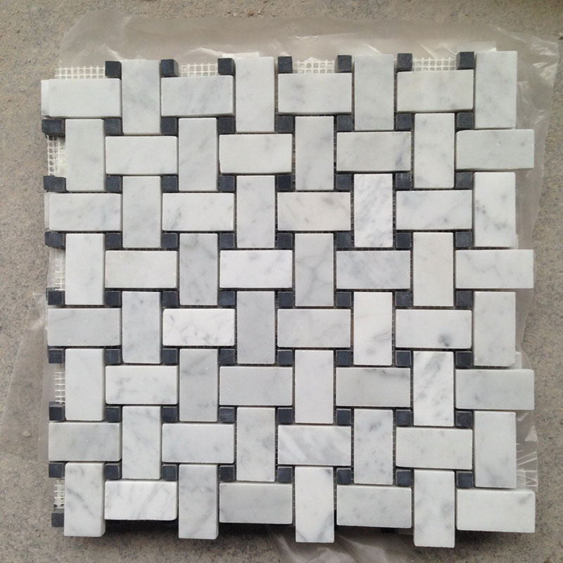 Carrara White Italian Carrera Marble Basketweave Mosaic Tile Gray Dots 1 x 2 Honed
