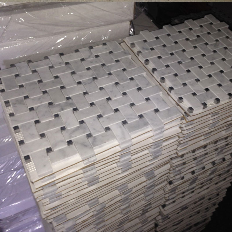 CARRARA WHITE BASKETWEAVE PATTERN POLISHED MARBLE BACKSPLASH WALL FLOOR TILE